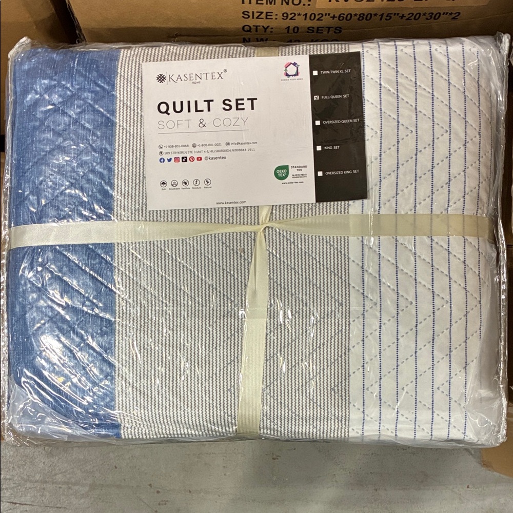 Queen Size Lightweight Blue & White Reversible Stripe Quilt Set - 2433-Q